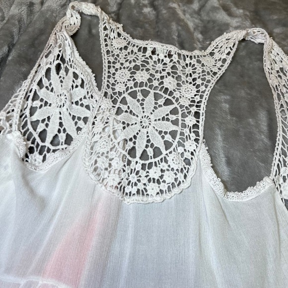 Crochet Lace Trim Kimono Vest Womens Medium Orange White Ombre Duster Boho Chic - Picture 6 of 11